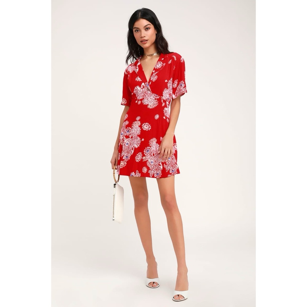 Free People Blue Hawaii Red Floral Print Short Sleeve Mini Dress A-Line Boho - Picture 14 of 14